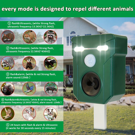 1pc Ultrasonic Animal Repeller Outdoor Solar Animal Repeller, Animal Deterrent Devices Outdoor With Motion And Light Sensor And Sound With Flashing LED Lights, Siren Expelled Cats, Dogs, Deer, Raccoons, Birds, Skunks, Squirre