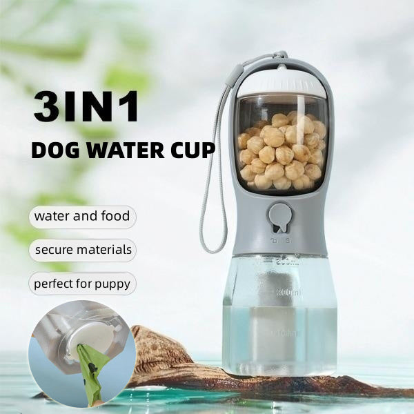 3-in-1 Portable Dog Water Bottle – Food Container & Waste Bag Dispenser