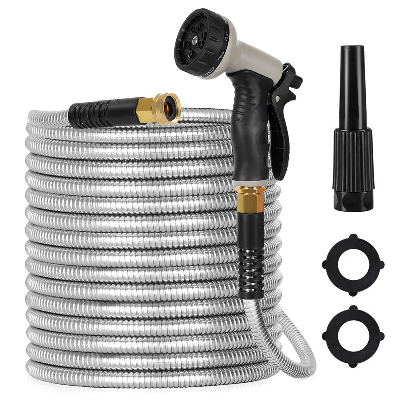 100ft Stainless Steel Garden Hose – Flexible Metal Water Hose with 10-Pattern Spray Nozzle