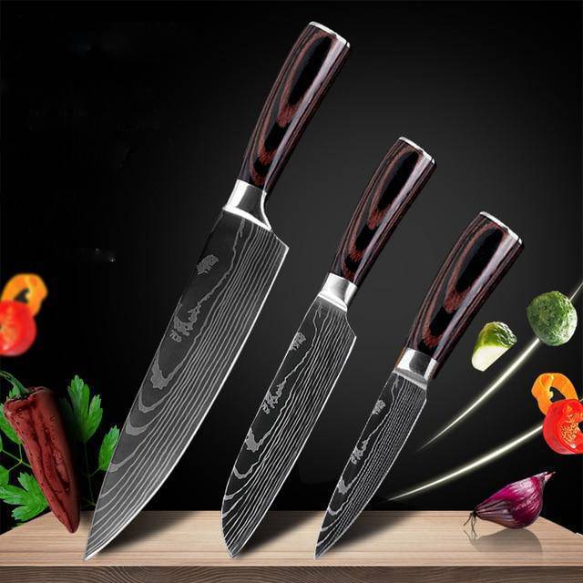 Professional Chef Knife Set – 6-Piece or 8-Piece Stainless Steel Damascus-Style Kitchen Knives with Wooden Handle