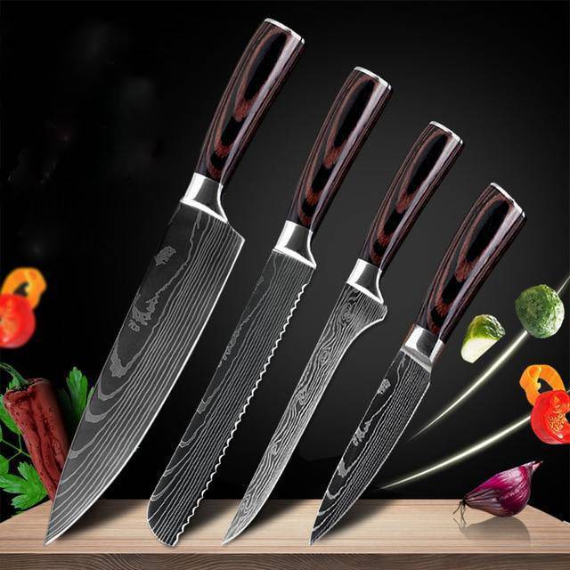 Professional Chef Knife Set – 6-Piece or 8-Piece Stainless Steel Damascus-Style Kitchen Knives with Wooden Handle