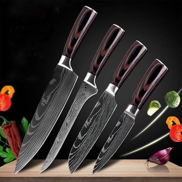 Professional Chef Knife Set – 6-Piece or 8-Piece Stainless Steel Damascus-Style Kitchen Knives with Wooden Handle