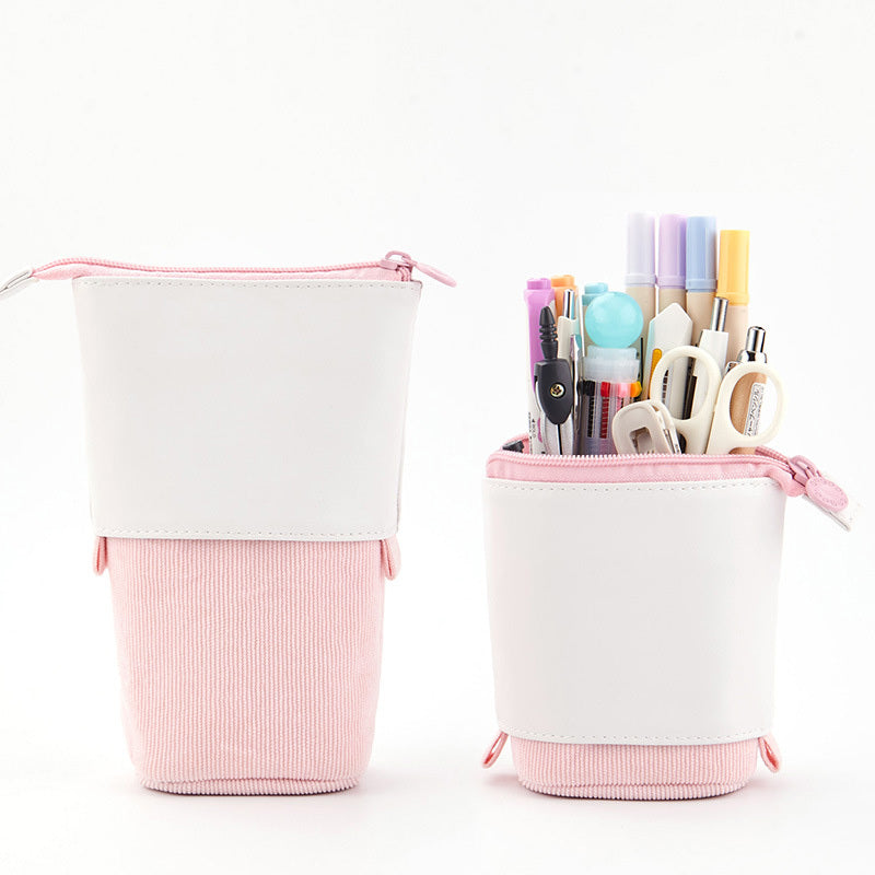 Retractable Corduroy Pencil Case – Multifunctional Standing Pen Holder & Makeup Organizer