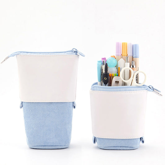 Retractable Corduroy Pencil Case – Multifunctional Standing Pen Holder & Makeup Organizer