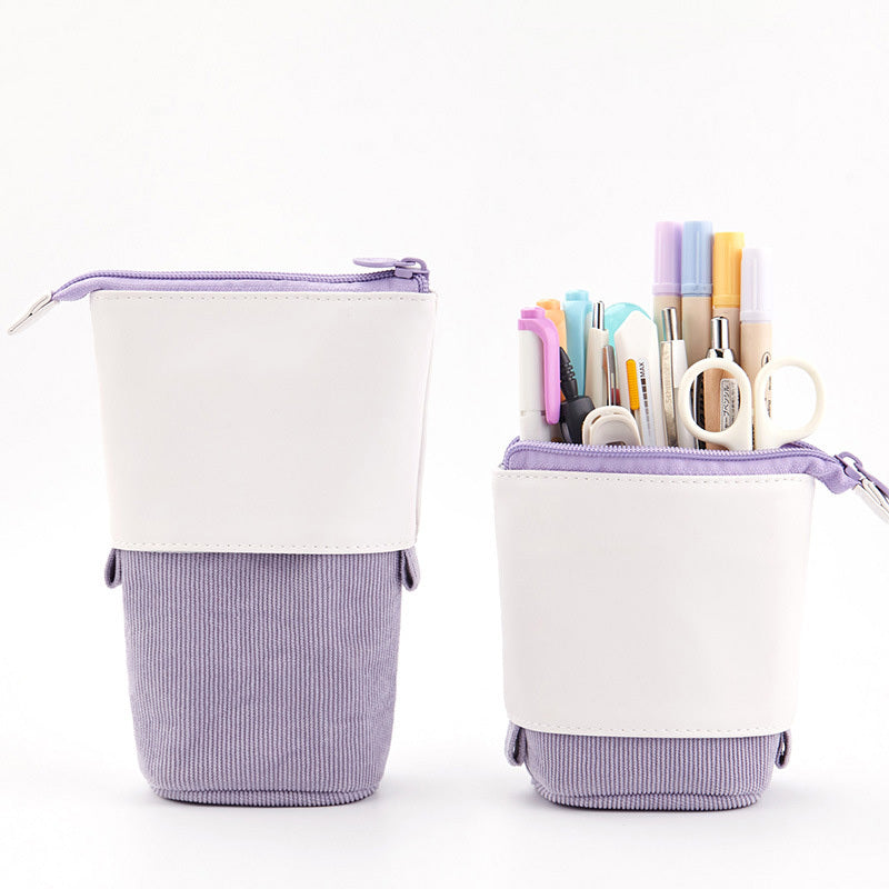 Retractable Corduroy Pencil Case – Multifunctional Standing Pen Holder & Makeup Organizer