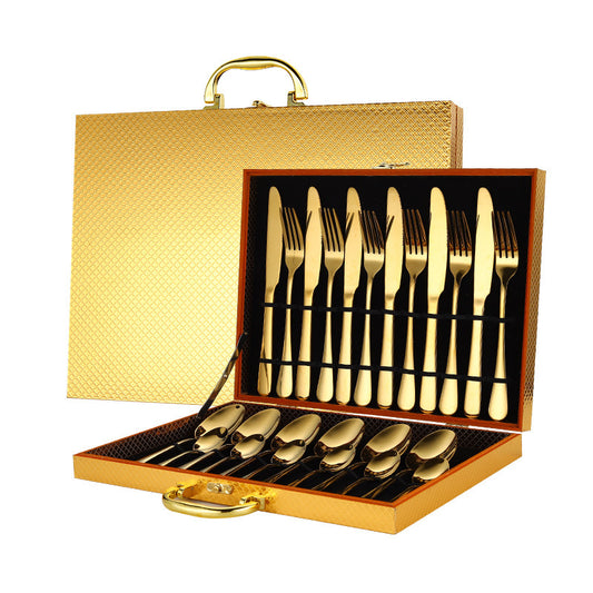 Luxury Gold Stainless Steel Cutlery Set – 24-Piece Flatware with Gift Box (Knives, Forks, Spoons)