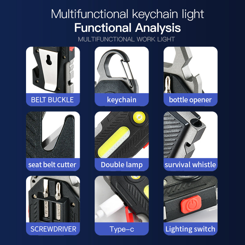 Multifunctional Keychain Flashlight – Rechargeable COB LED Work Light with Emergency Tools