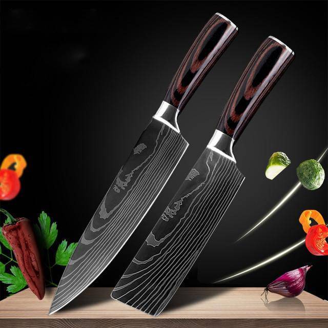 Professional Chef Knife Set – 6-Piece or 8-Piece Stainless Steel Damascus-Style Kitchen Knives with Wooden Handle