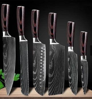 Professional Chef Knife Set – 6-Piece or 8-Piece Stainless Steel Damascus-Style Kitchen Knives with Wooden Handle