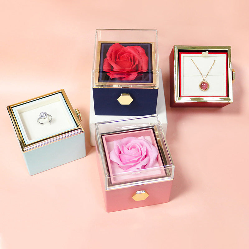 Rotating Rose Gift Box with Jewelry Drawer – Preserved Soap Flower Rose for Romantic Gifts & Anniversaries