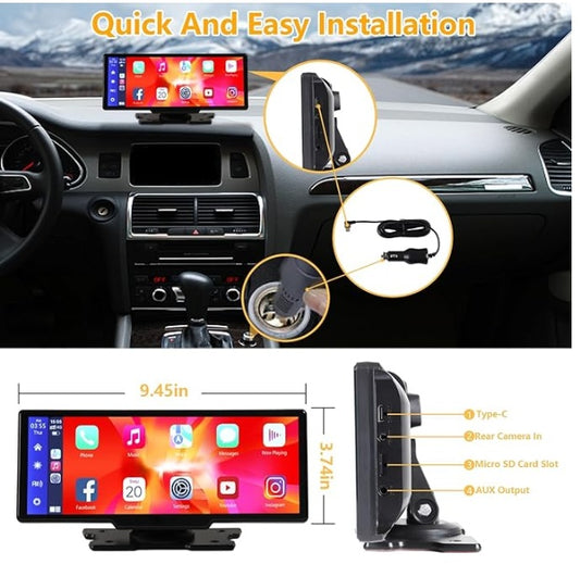 9.3" Portable Wireless CarPlay & Android Auto – 2.5K Dash Cam + 1080p Backup Camera Display