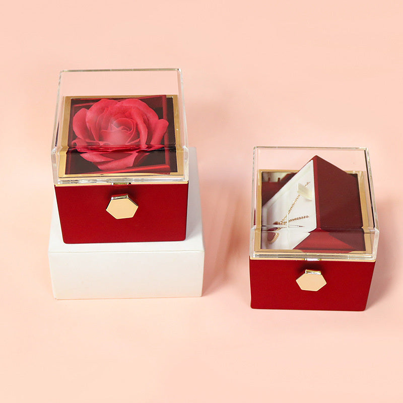 Rotating Rose Gift Box with Jewelry Drawer – Preserved Soap Flower Rose for Romantic Gifts & Anniversaries