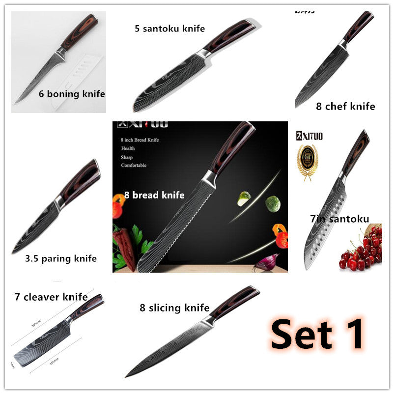 Professional Chef Knife Set – 6-Piece or 8-Piece Stainless Steel Damascus-Style Kitchen Knives with Wooden Handle