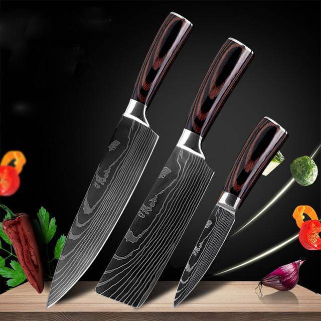 Professional Chef Knife Set – 6-Piece or 8-Piece Stainless Steel Damascus-Style Kitchen Knives with Wooden Handle