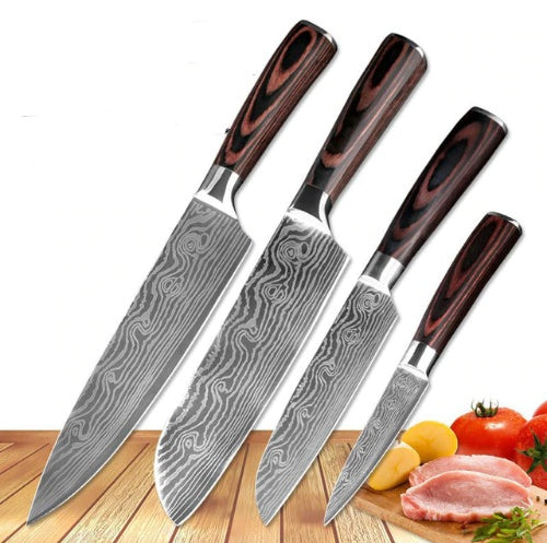 Professional Chef Knife Set – 6-Piece or 8-Piece Stainless Steel Damascus-Style Kitchen Knives with Wooden Handle