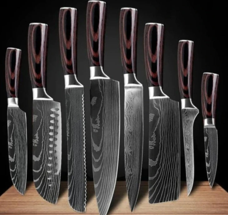 Professional Chef Knife Set – 6-Piece or 8-Piece Stainless Steel Damascus-Style Kitchen Knives with Wooden Handle