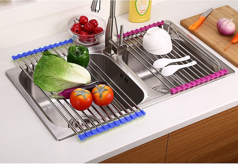 Foldable Stainless Steel Sink Rack – Space-Saving Roll-Up Dish Drying Rack