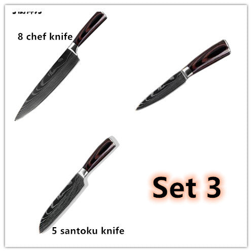 Professional Chef Knife Set – 6-Piece or 8-Piece Stainless Steel Damascus-Style Kitchen Knives with Wooden Handle