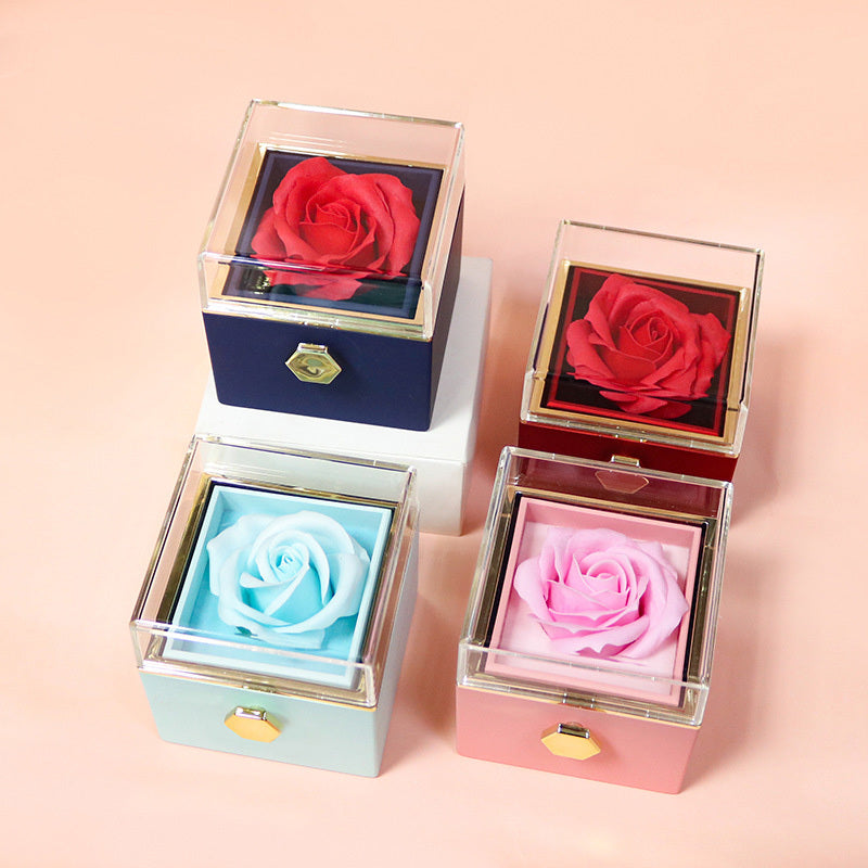 Rotating Rose Gift Box with Jewelry Drawer – Preserved Soap Flower Rose for Romantic Gifts & Anniversaries