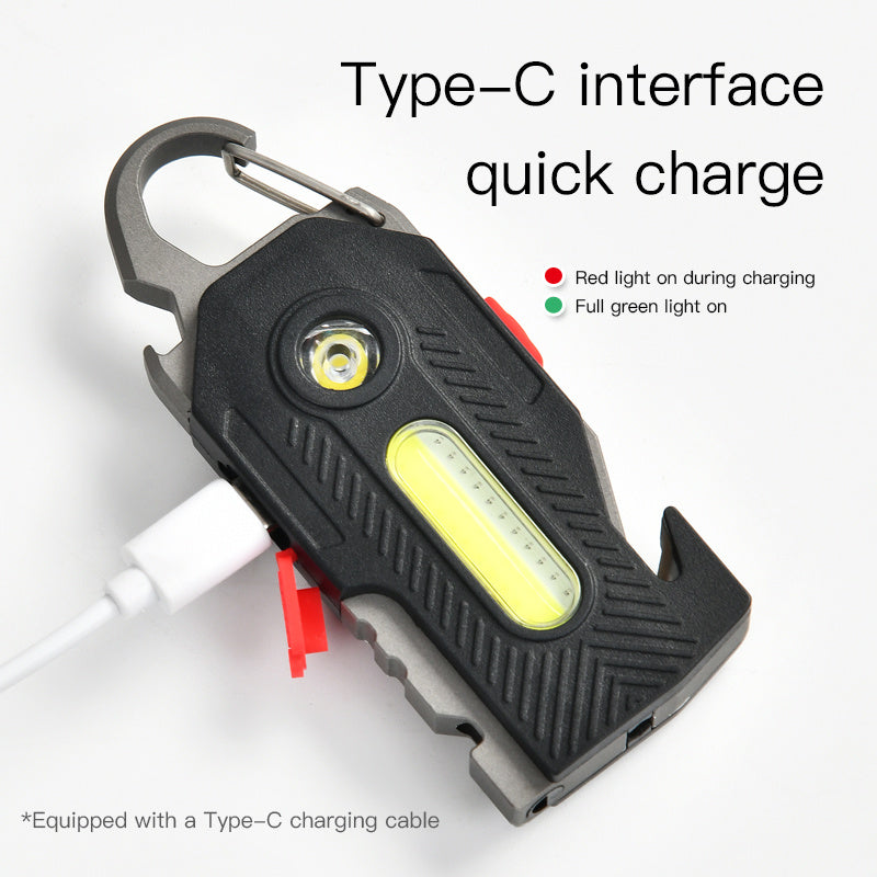 Multifunctional Keychain Flashlight – Rechargeable COB LED Work Light with Emergency Tools