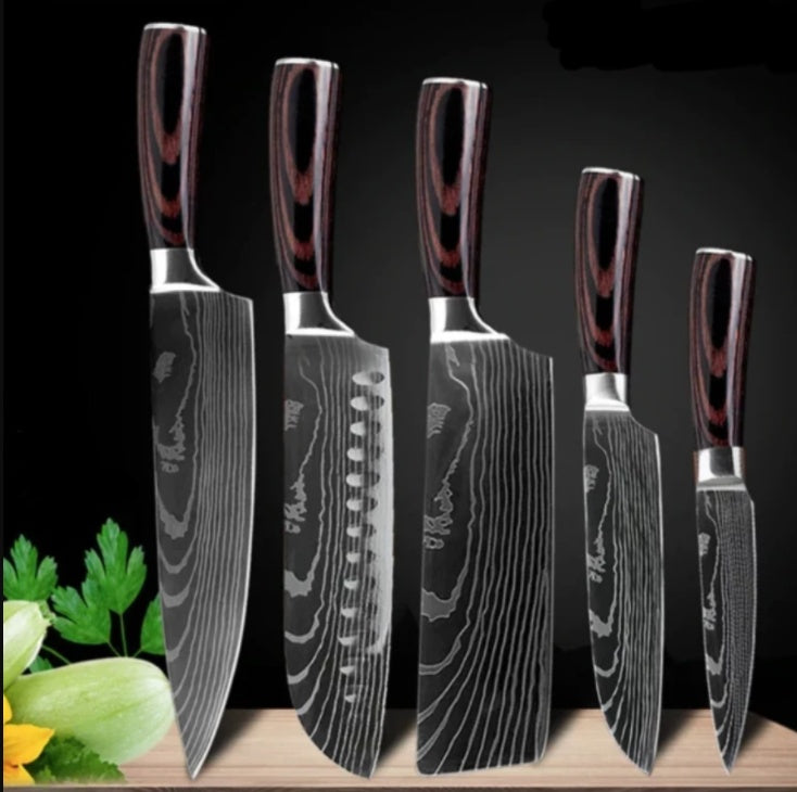 Professional Chef Knife Set – 6-Piece or 8-Piece Stainless Steel Damascus-Style Kitchen Knives with Wooden Handle