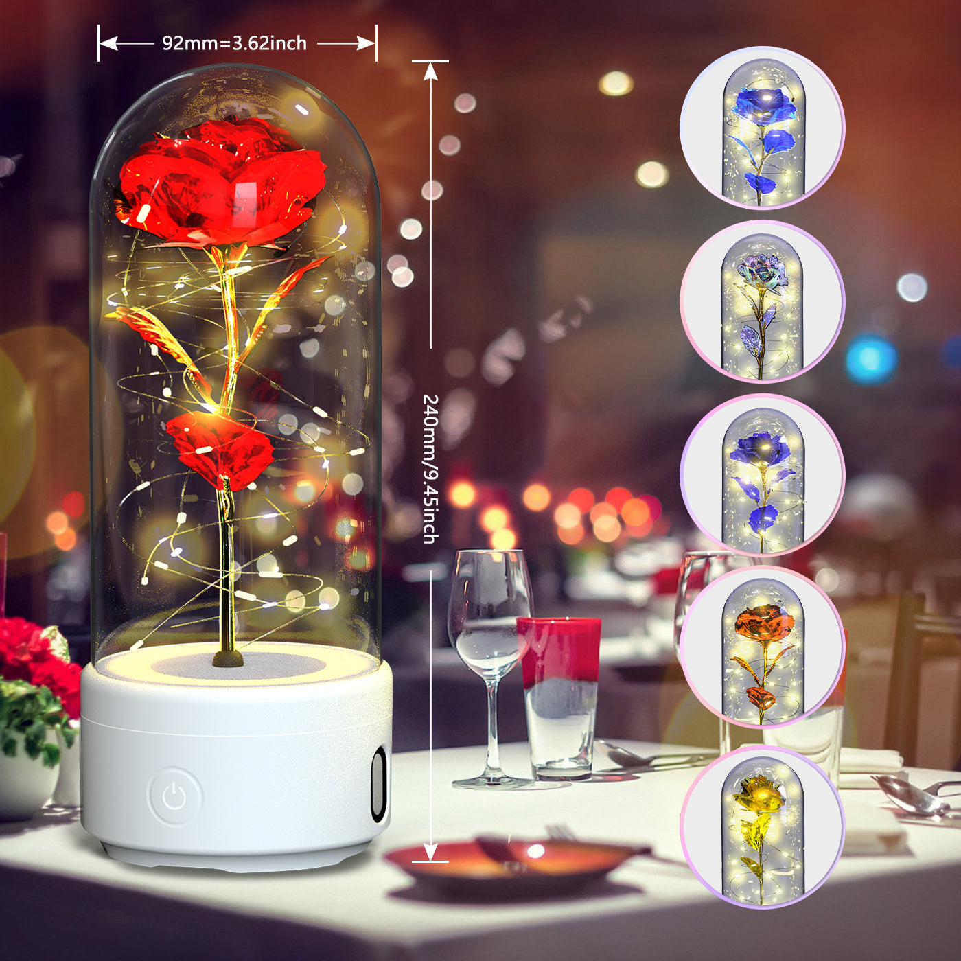 Romantic LED Rose Lamp with Bluetooth Speaker – Eternal Flower Glass Dome Gift Light