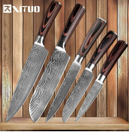Professional Chef Knife Set – 6-Piece or 8-Piece Stainless Steel Damascus-Style Kitchen Knives with Wooden Handle