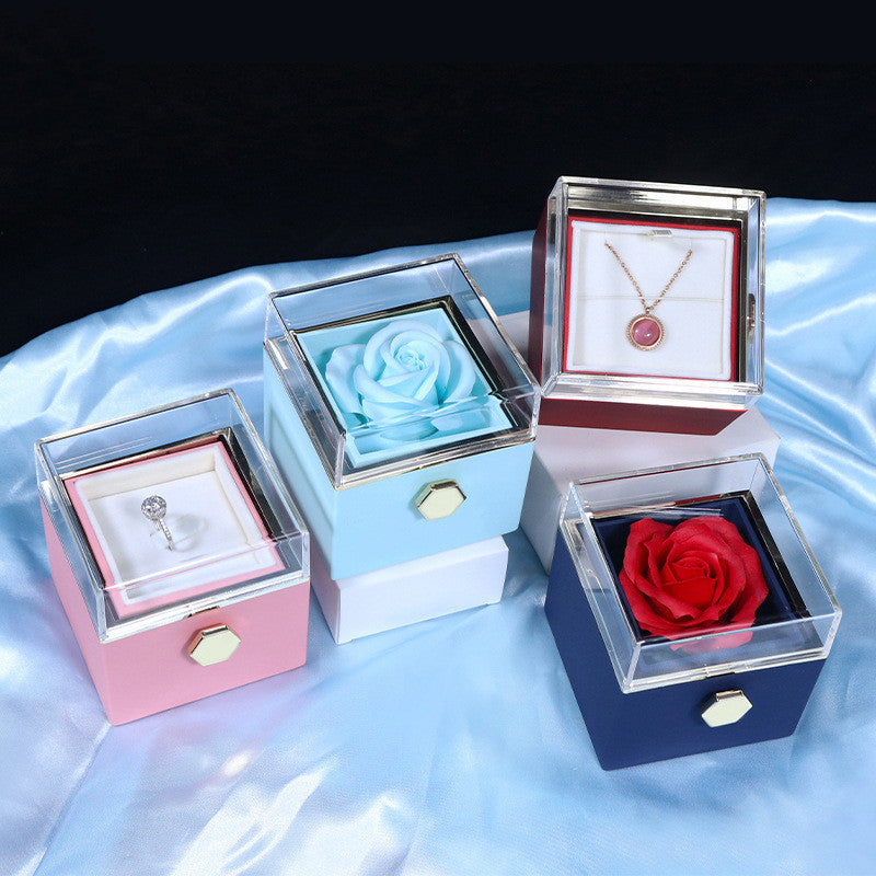 Rotating Rose Gift Box with Jewelry Drawer – Preserved Soap Flower Rose for Romantic Gifts & Anniversaries