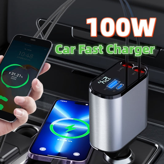 100W Fast Car Charger – Dual USB & Type-C Retractable Adapter