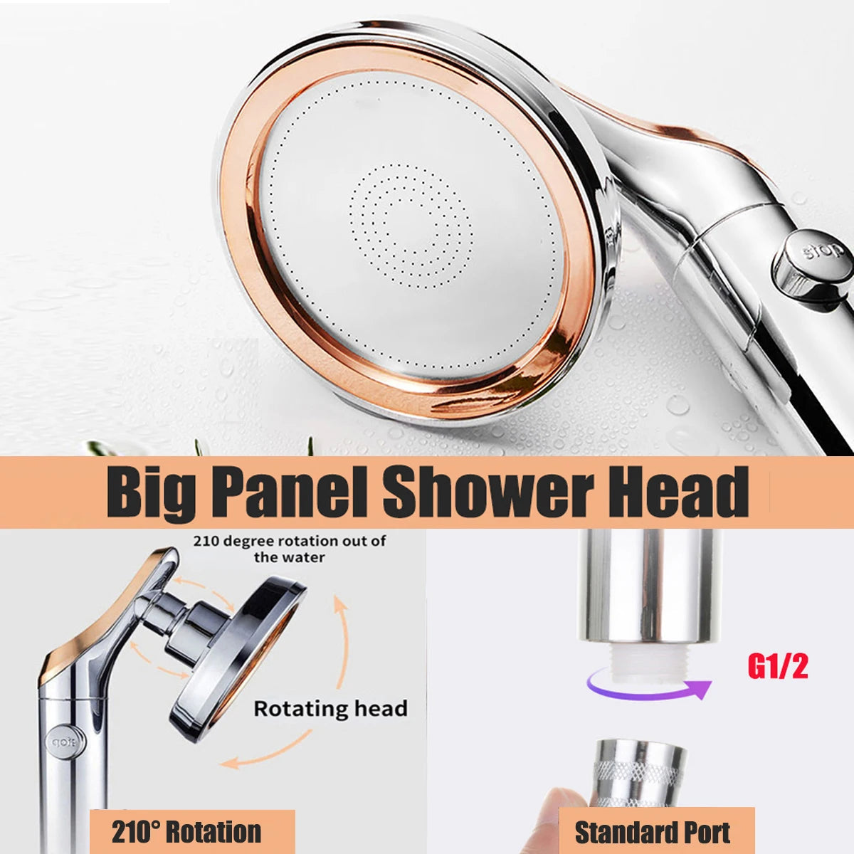 Big Panel High Pressure Large Flow Shower Head With Stop Water Button Silver Massage Abs Spray Nozzle Rainfall Bathroom Shower