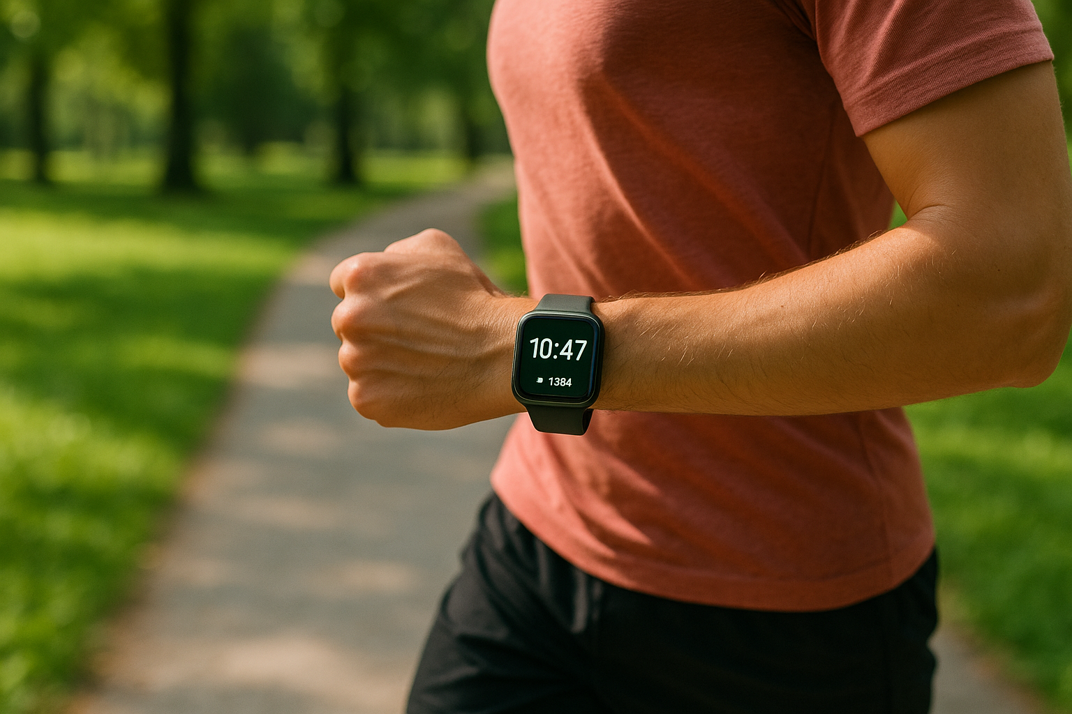 A generic smartwatch with a bright screen, worn by a person jogging in a park, natural daylight, active lifestyle mood, no logos or brands visible.