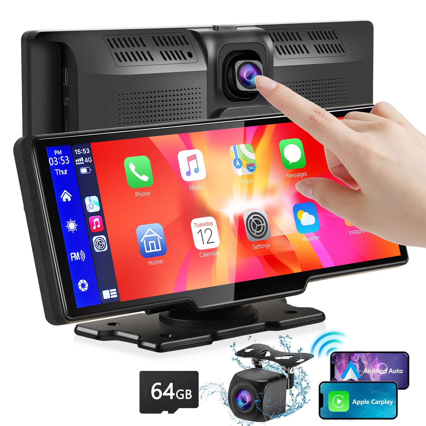 9.3" Portable Wireless CarPlay & Android Auto – 2.5K Dash Cam + 1080p Backup Camera Display
