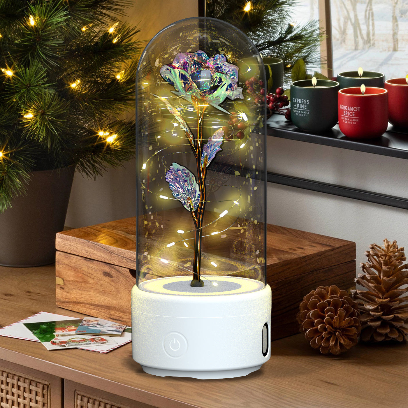 Romantic LED Rose Lamp with Bluetooth Speaker – Eternal Flower Glass Dome Gift Light