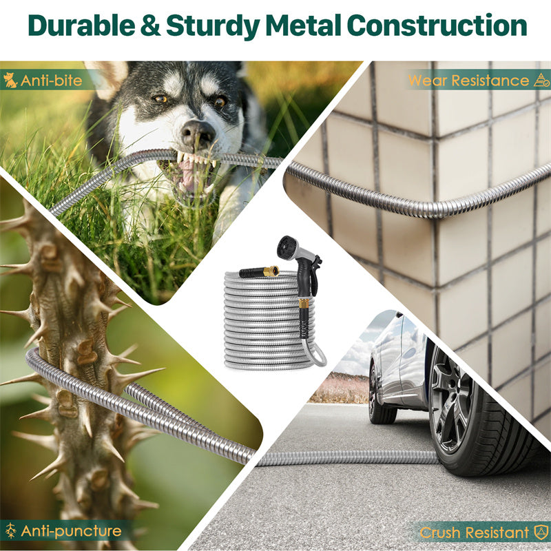 100ft Stainless Steel Garden Hose – Flexible Metal Water Hose with 10-Pattern Spray Nozzle