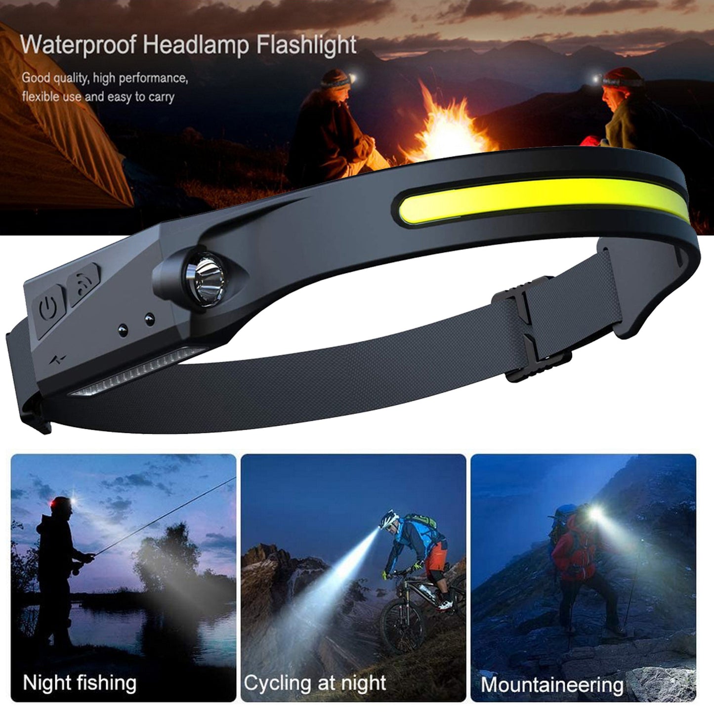COB LED Motion Sensor Headlamp – USB Rechargeable Waterproof Headlight for Camping, Running & Cycling