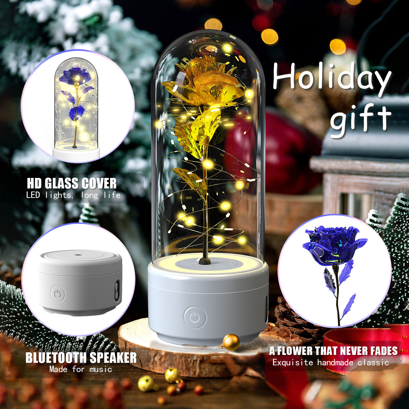 Romantic LED Rose Lamp with Bluetooth Speaker – Eternal Flower Glass Dome Gift Light