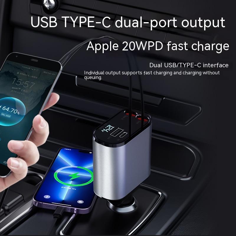 100W Fast Car Charger – Dual USB & Type-C Retractable Adapter