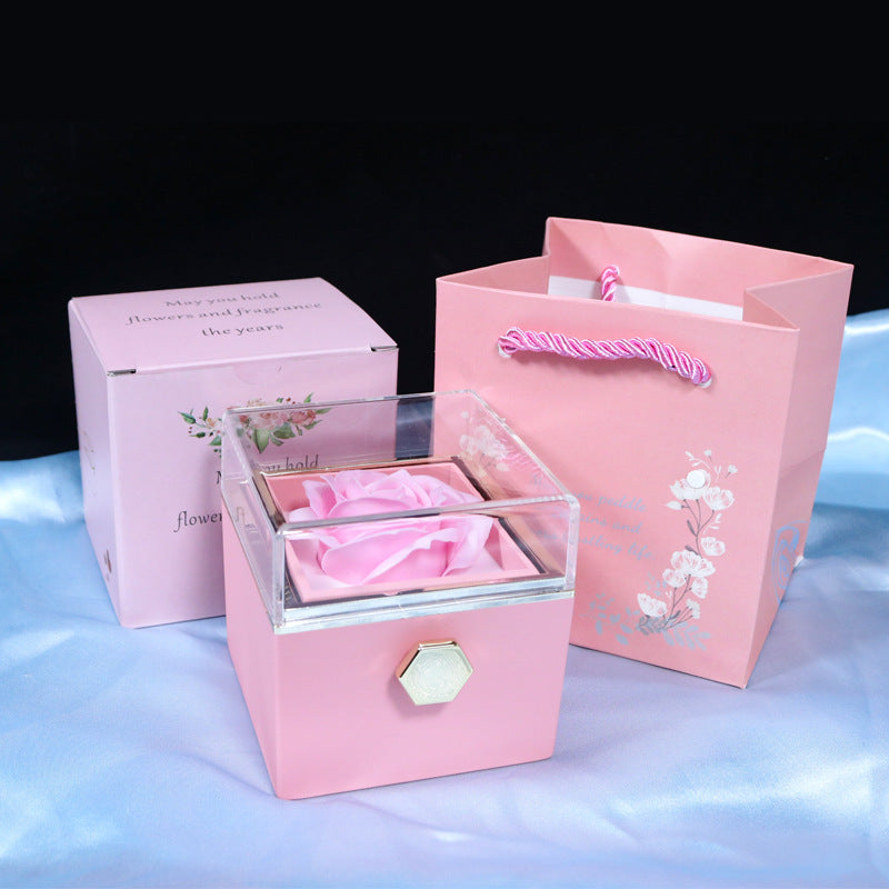 Rotating Rose Gift Box with Jewelry Drawer – Preserved Soap Flower Rose for Romantic Gifts & Anniversaries